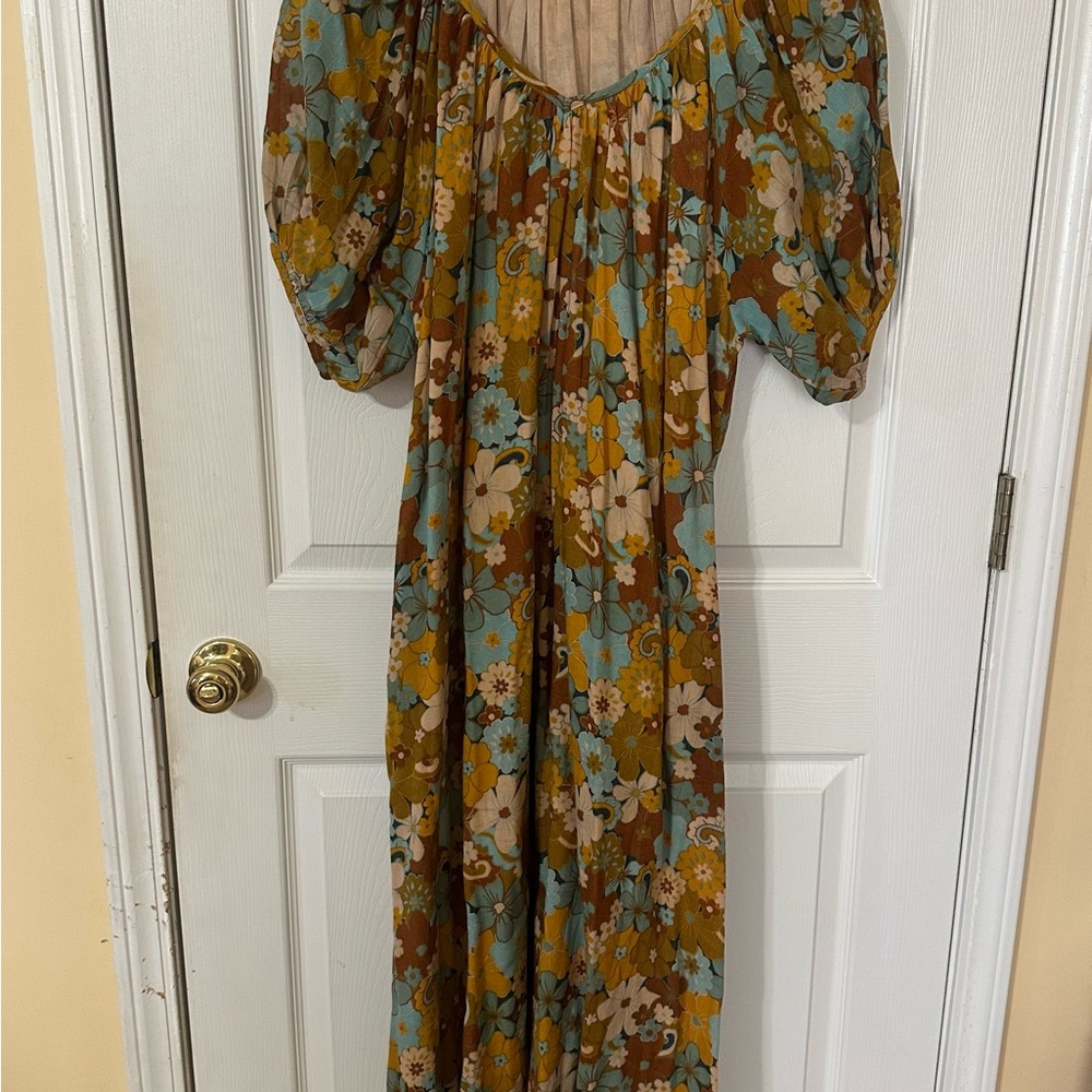 Anthropologie Floral Midi Dress - Blue, Brown, Yellow